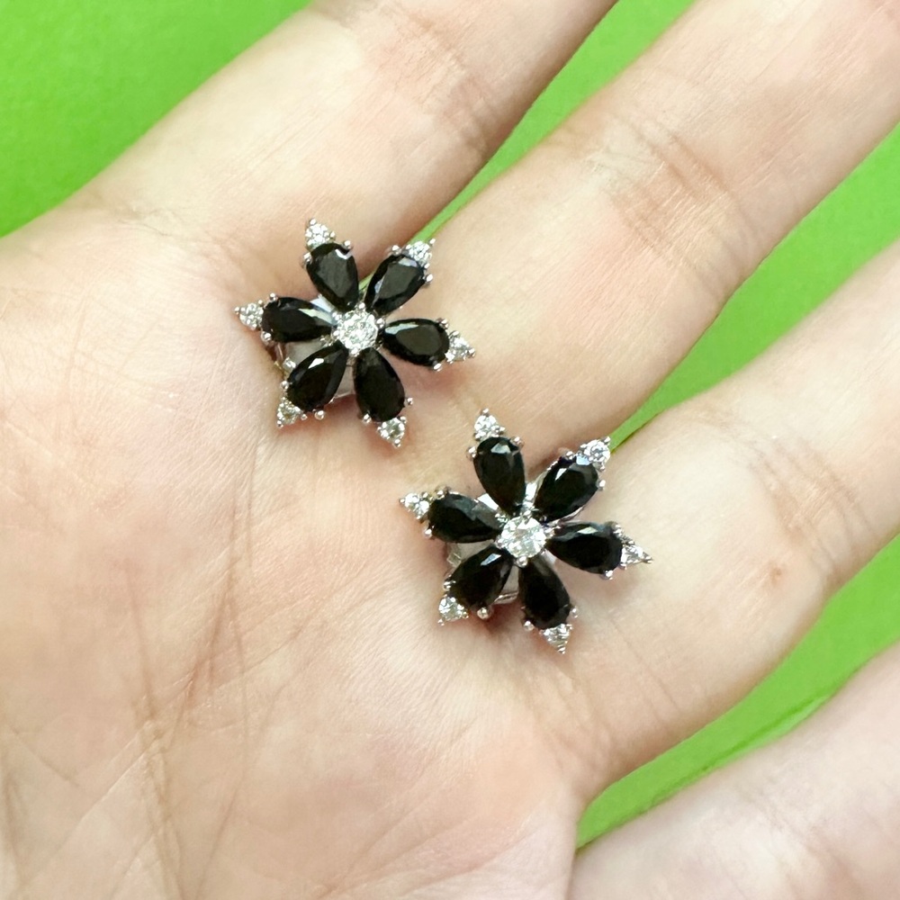 Clip-On Elegant Black and Silver Floral Earrings, no ear holes needed